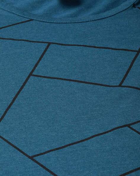 Men T-Shirt - Blue Geometric Print Men Round Neck Cotton Blend Stripes Full  Sleeves T-Shirt
