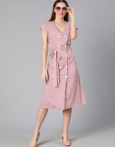 Women stripe Printed Belted shirt Dress