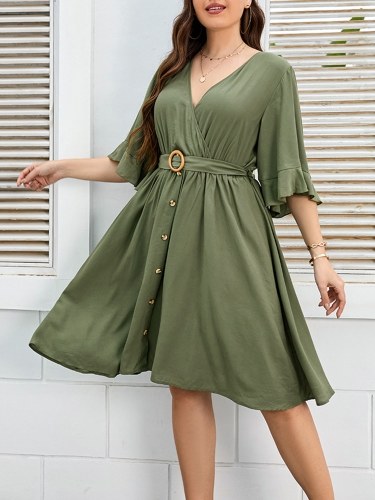 Women Olive Wide Sleeved Dress
