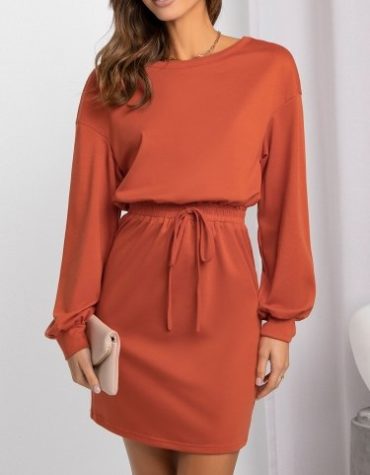 Women Long Sleeve Elastic Waist Dress Casual Orange Dress