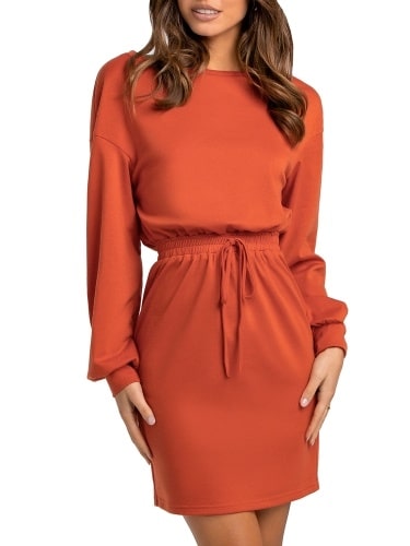 Women Long Sleeve Elastic Waist Dress Casual Orange Dress
