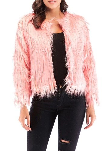 Women Winter Faux Fur Coat Solid Color Long Sleeve Fluffy Outerwear Women Jacket