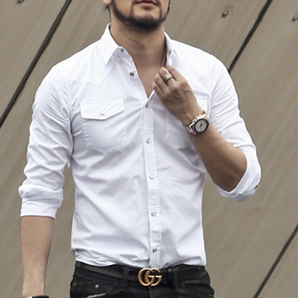 Men shirt - Double pocket and Long sleeved solid slim fit Casual Men Shirt