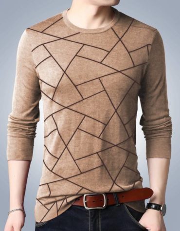 Men T-Shirt - Royal Brown Geometric Print Men Round Neck Cotton Blend Stripes Full  Sleeves T-Shirt
